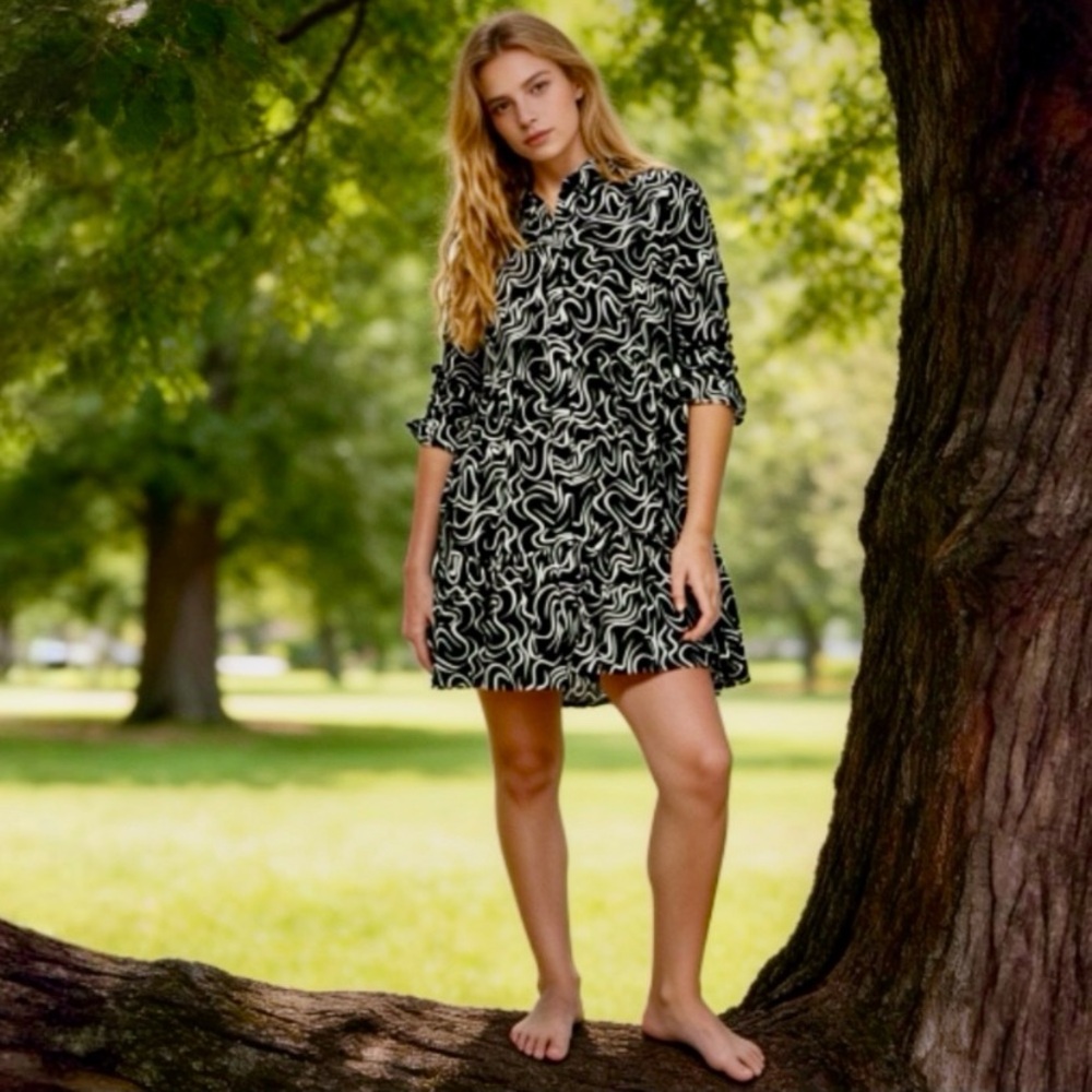 STRADIVARIUS Shirt Dress In Black Swirl Print